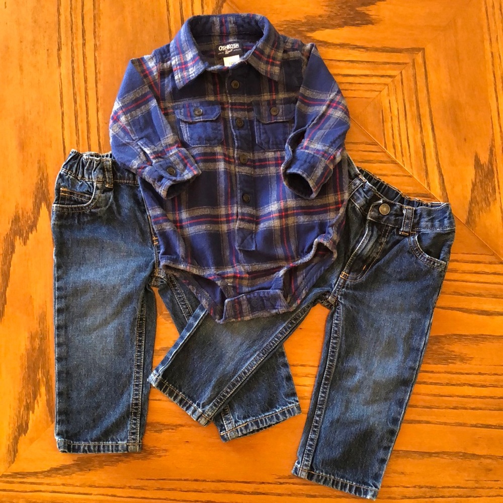 ALL ITEMS 12M OshKosh flannel onesie, 2 pr Carter’s jeans